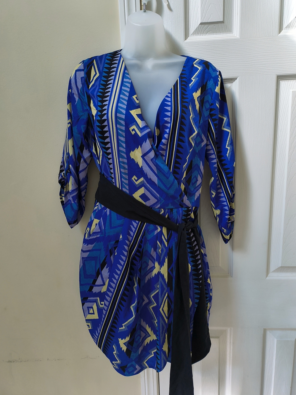 Blue Aztec Wrap Dress with Black Sash